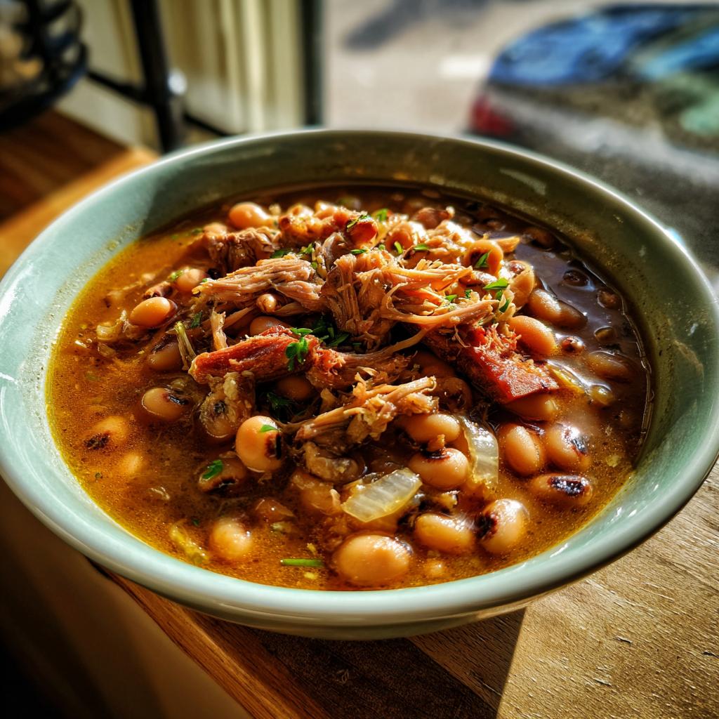 A close-up of a bowl filled with a hearty black eyed peas recipe crock pot, featuring tender pulled pork and savory broth, garnished with fresh herbs.
