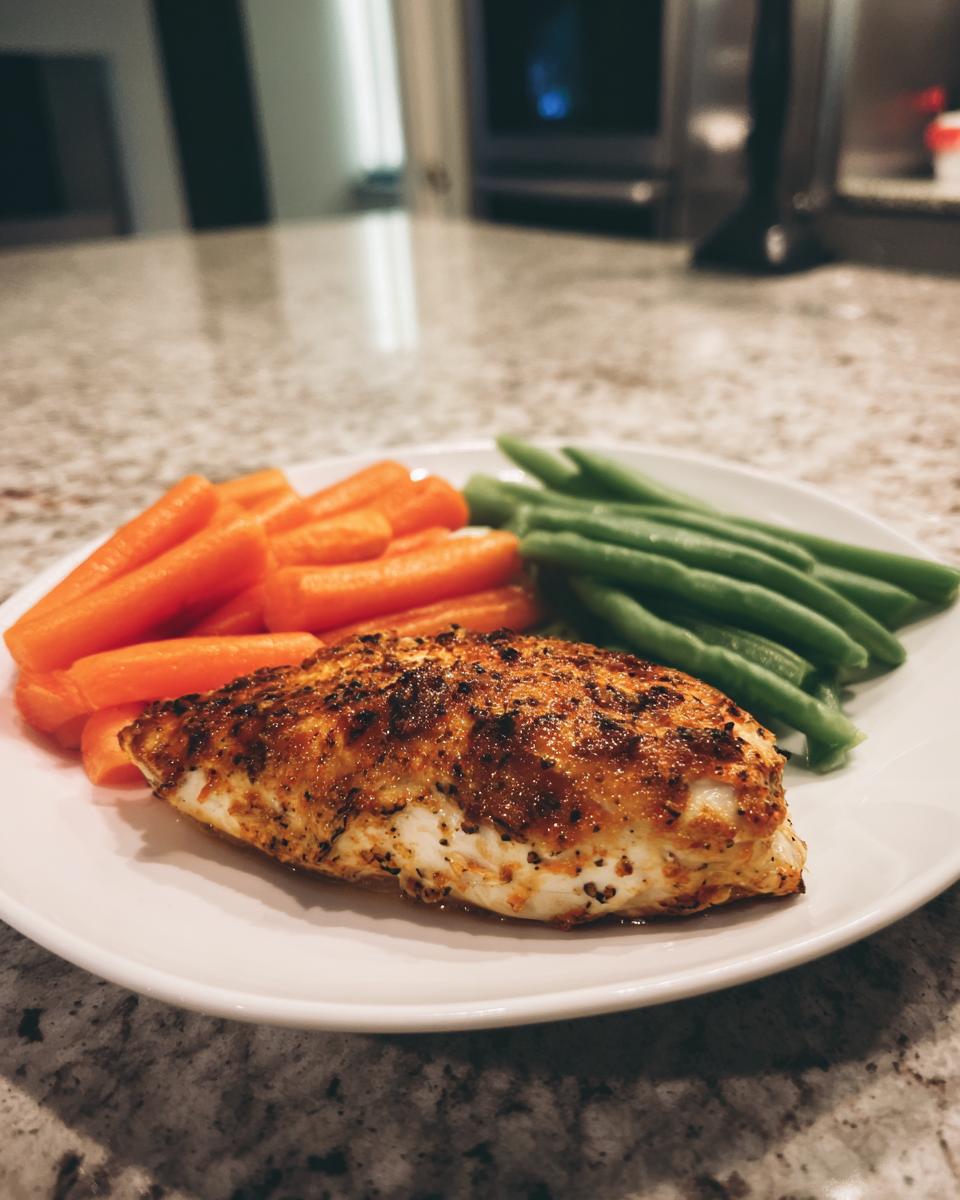 A plate with seasoned chicken breast, steamed green beans, and baby carrots, perfect for dinner recipes for two.