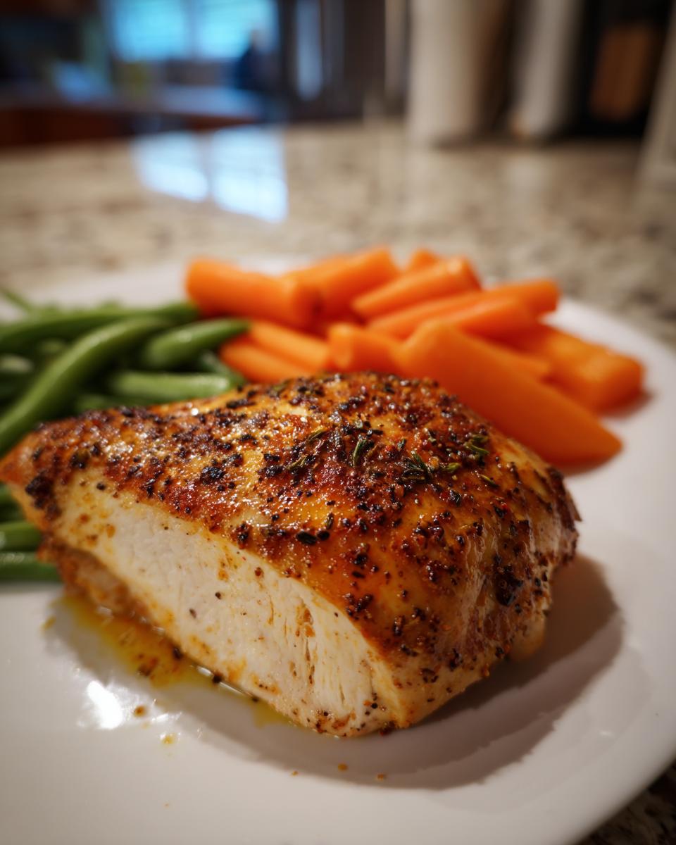 A perfectly cooked chicken breast with roasted carrots and green beans, ideal for dinner recipes for two.