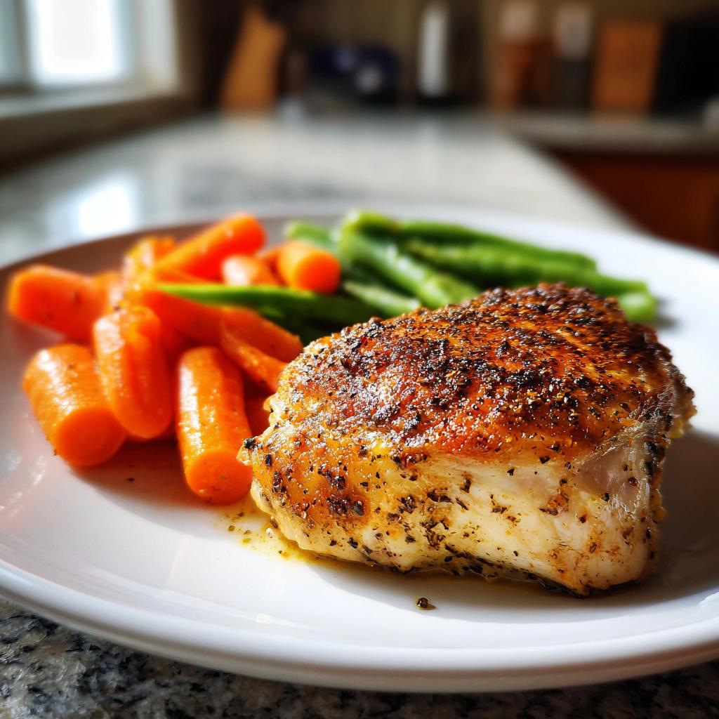 A perfectly cooked chicken breast served with steamed carrots and green beans, ideal for dinner recipes for two.