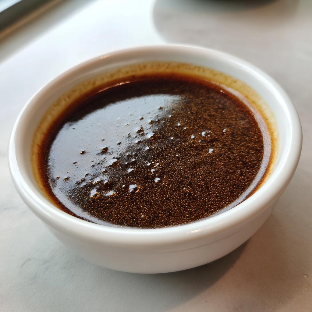 A close-up of a white ramekin filled with rich, dark au jus, perfect for an easy au jus recipe.