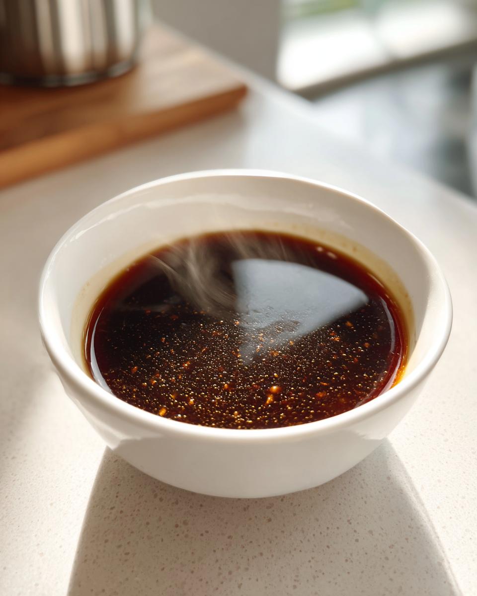 A steaming bowl of rich, dark au jus with visible spices and seasonings, perfect for an easy au jus recipe.