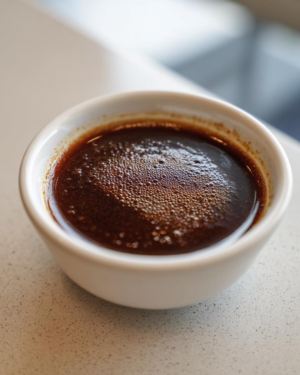 Close-up of a small white bowl filled with rich, dark au jus, perfect for dipping.