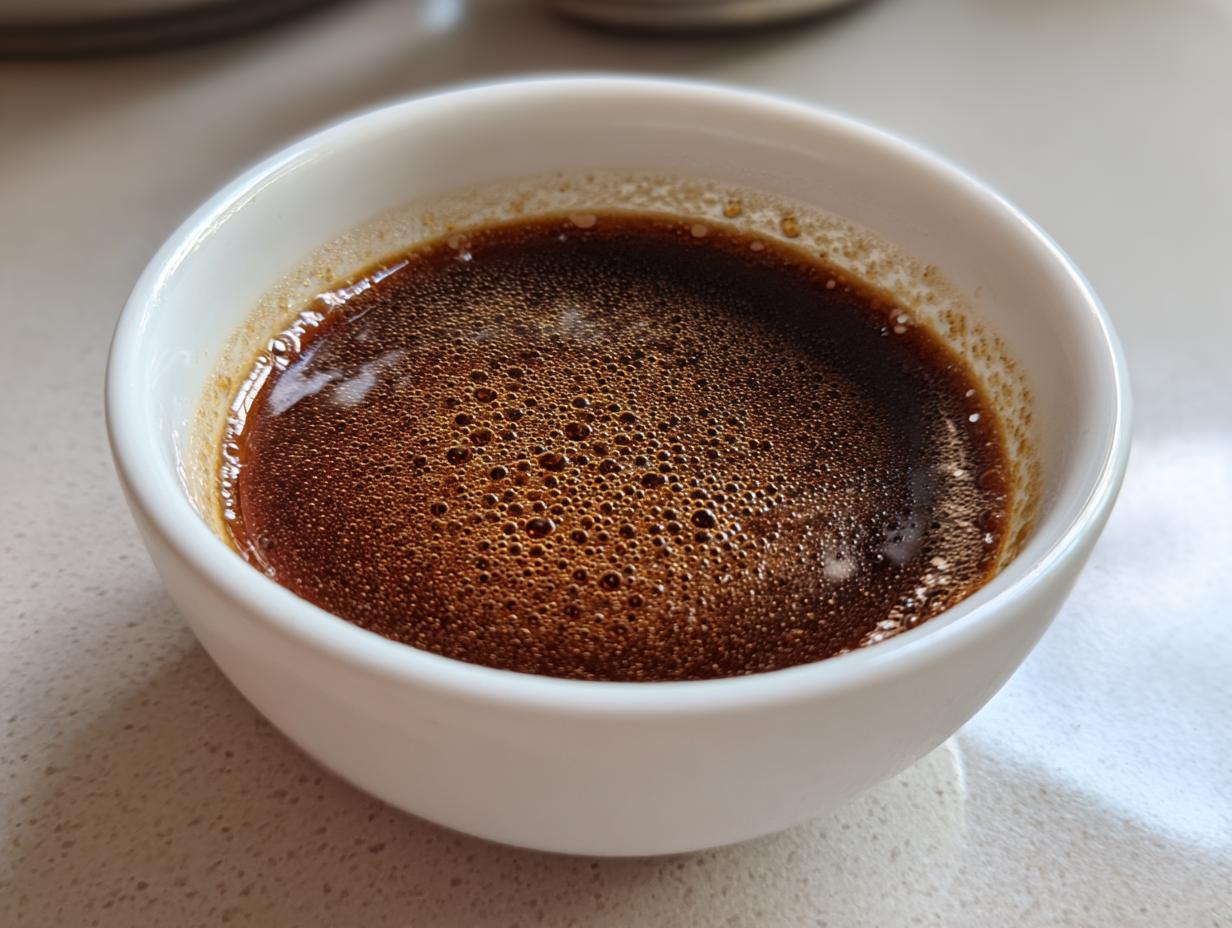 A close-up of a small white bowl filled with rich, dark au jus, topped with a frothy layer of bubbles.