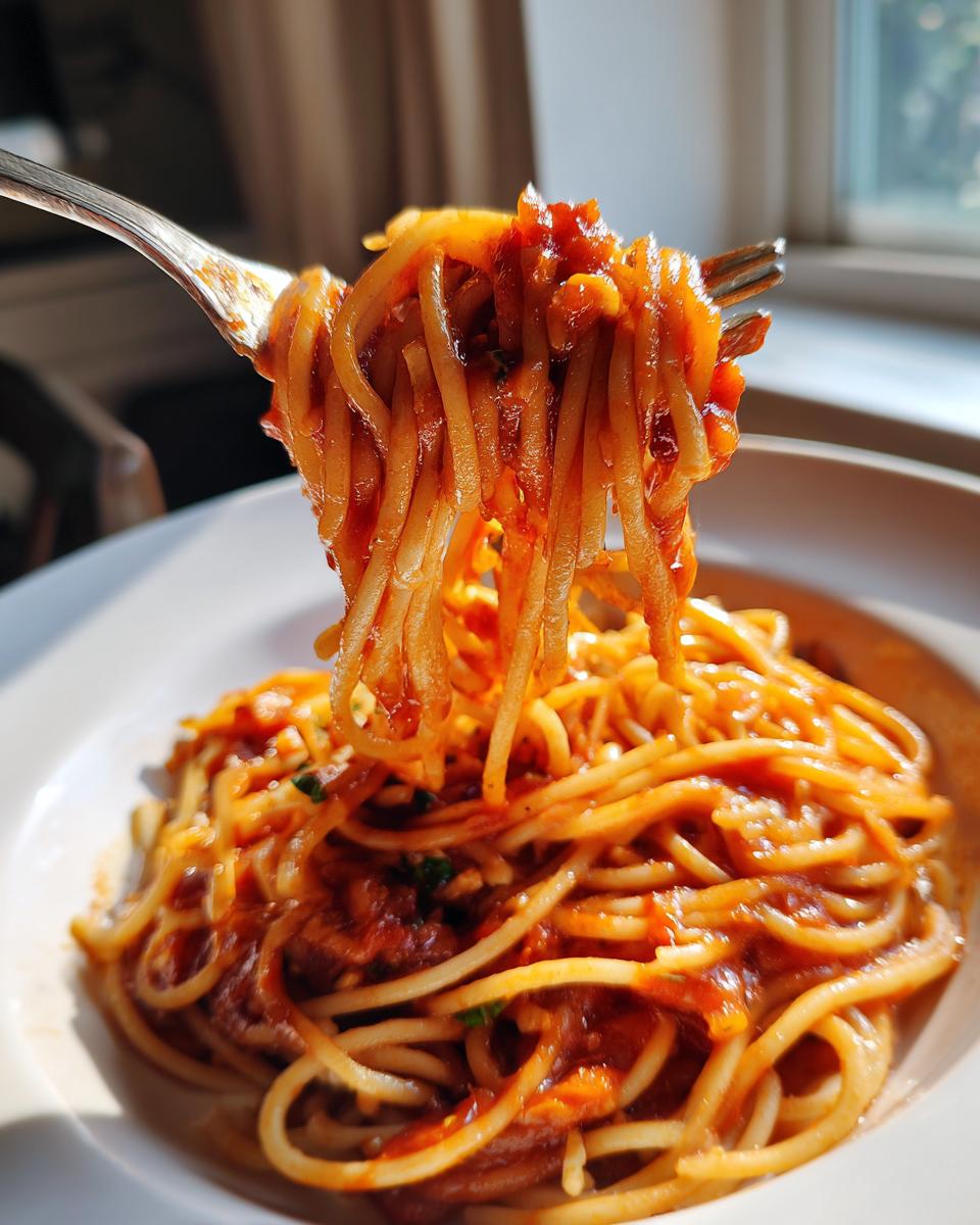 A fork lifts a swirl of spaghetti coated in marinara sauce, showcasing one of the easy dinner ideas.