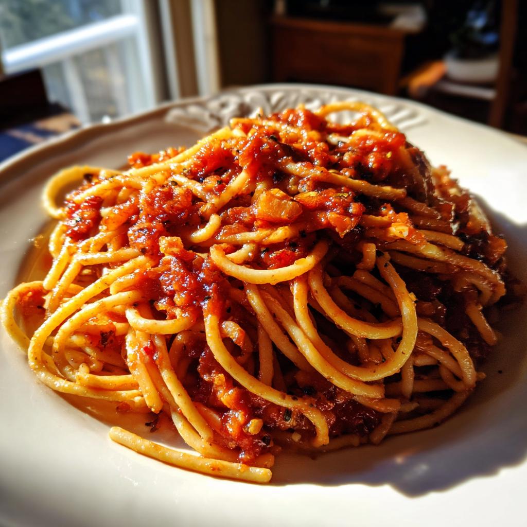 A plate of spaghetti with a rich tomato sauce, perfect for easy dinner ideas.