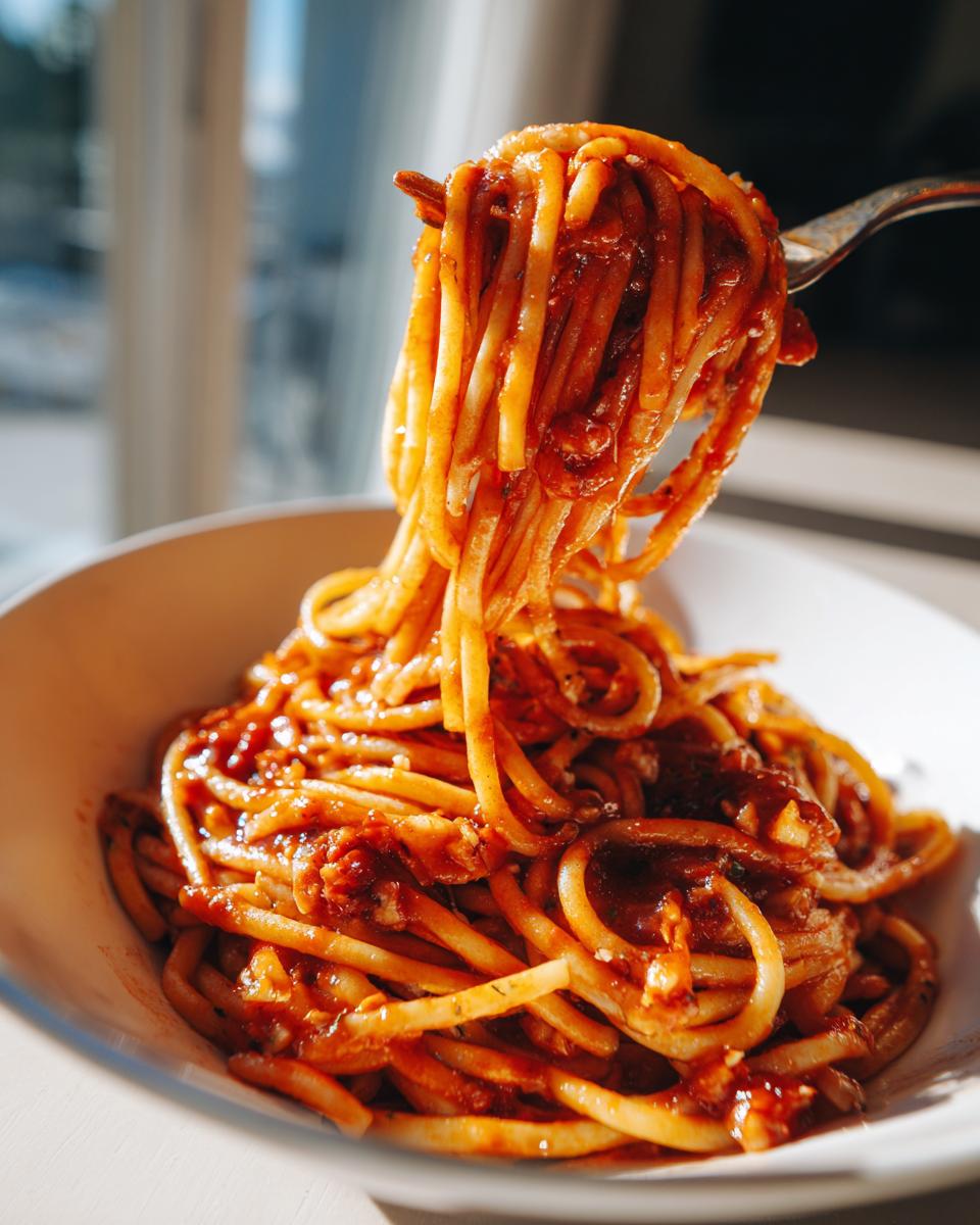 A fork lifting a swirl of spaghetti with rich marinara sauce, showcasing one of the easy dinner ideas.