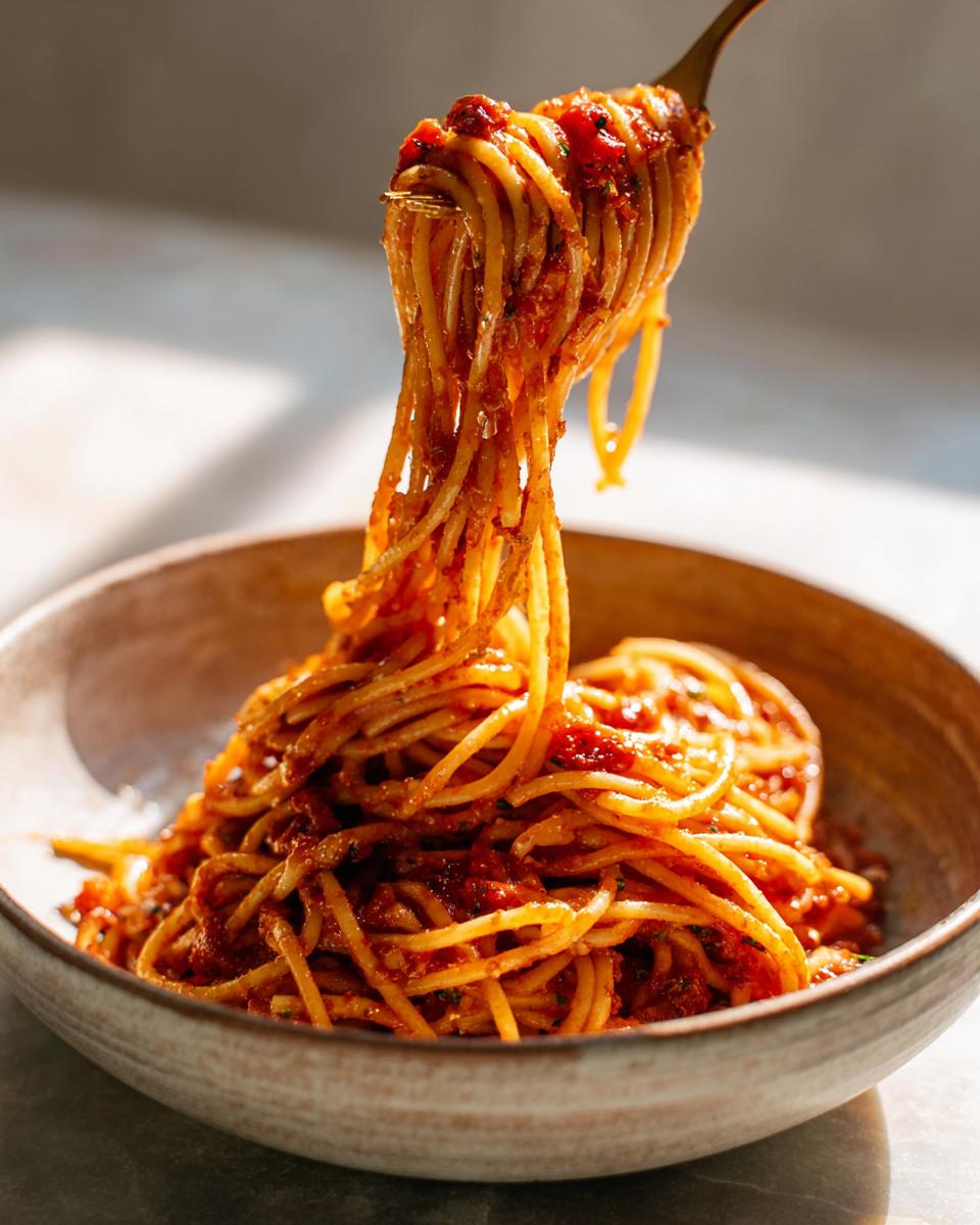 A fork lifts a generous portion of spaghetti coated in rich tomato sauce from a bowl, showcasing one of the easy dinner ideas.
