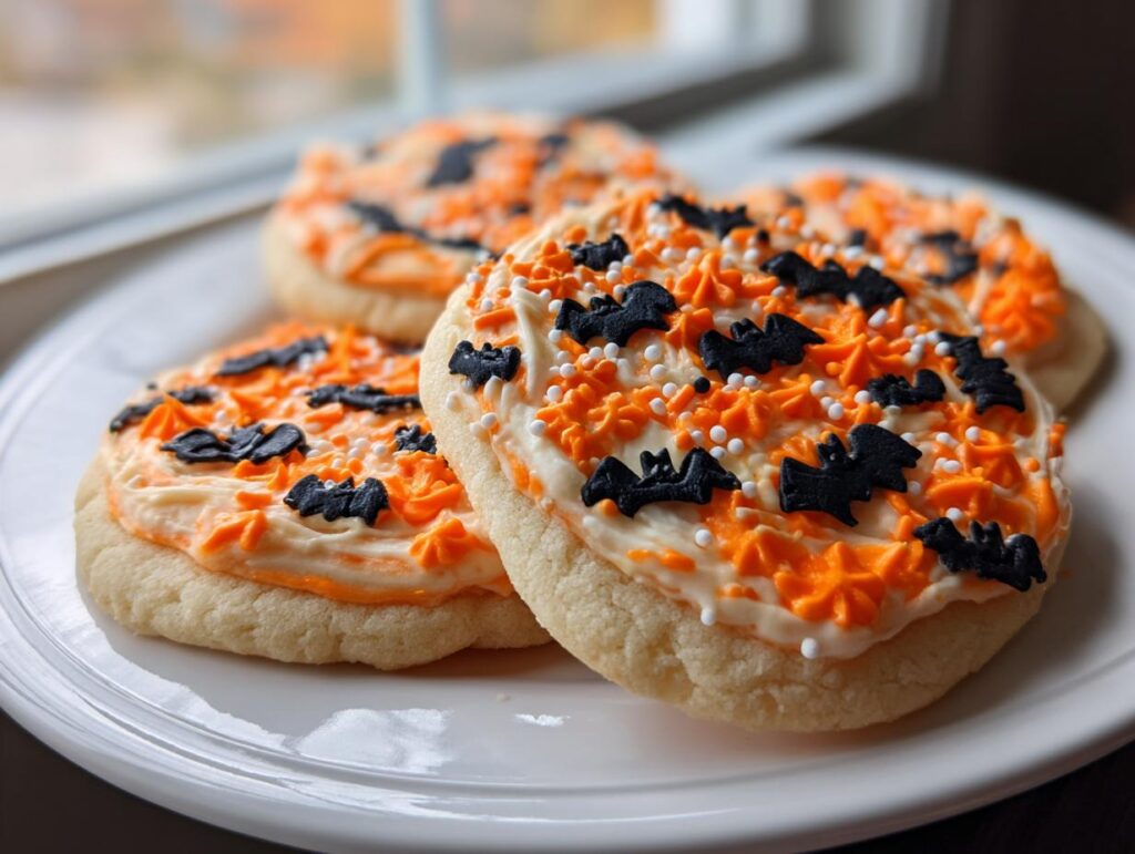 Close-up of easy Halloween desserts: sugar cookies decorated with orange and white frosting, black bat sprinkles, and white nonpareils.