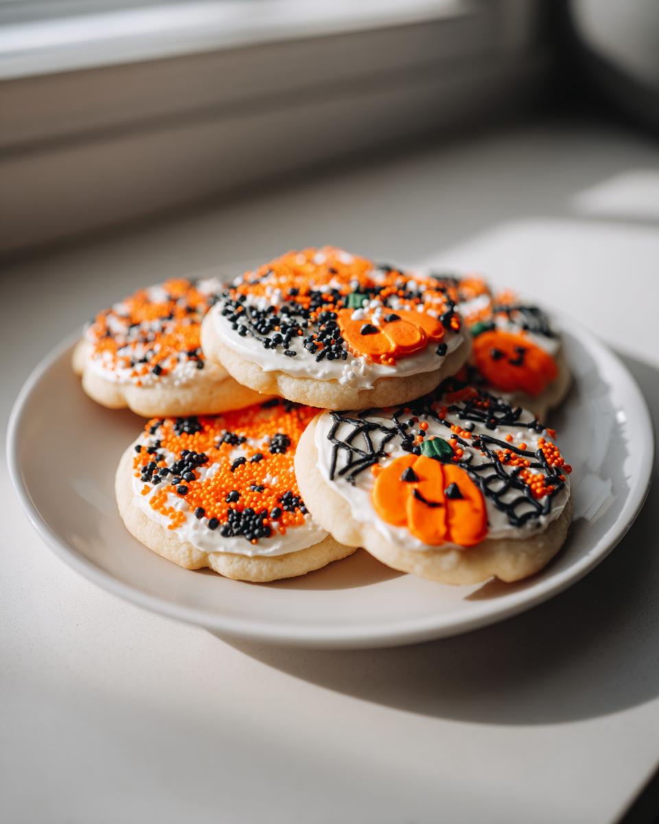 A plate of festive sugar cookies decorated for Halloween with white icing, orange and black sprinkles, and pumpkin designs.