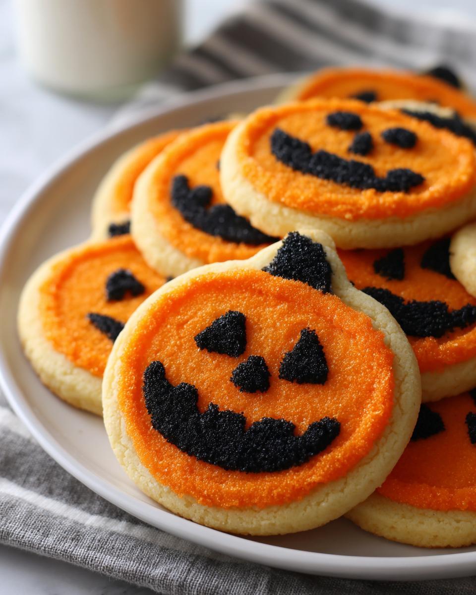 Close-up of a plate piled with festive pumpkin-shaped sugar cookies decorated with orange frosting and black icing for easy Halloween desserts.
