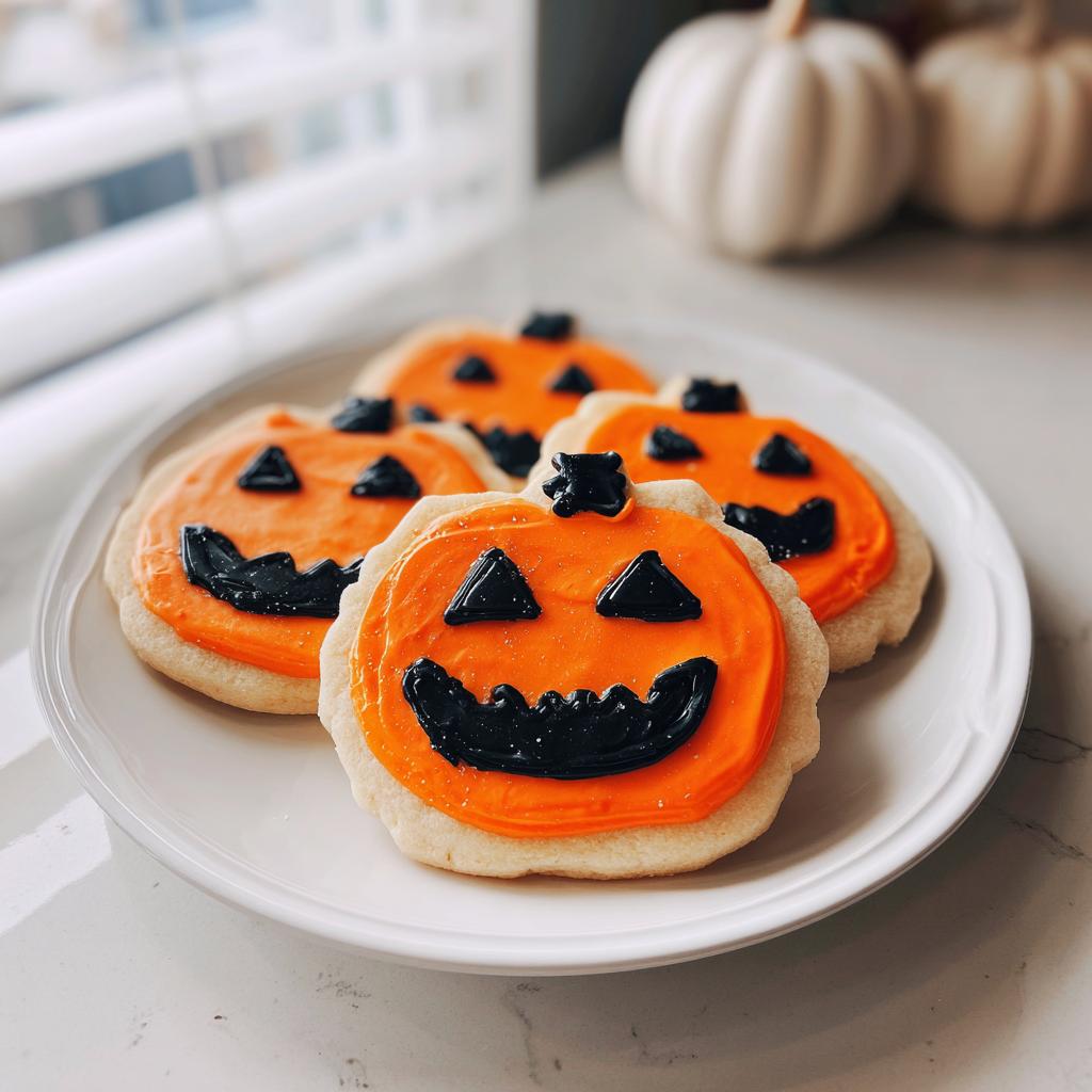 A plate of four pumpkin-shaped sugar cookies decorated with orange and black icing for easy Halloween desserts.