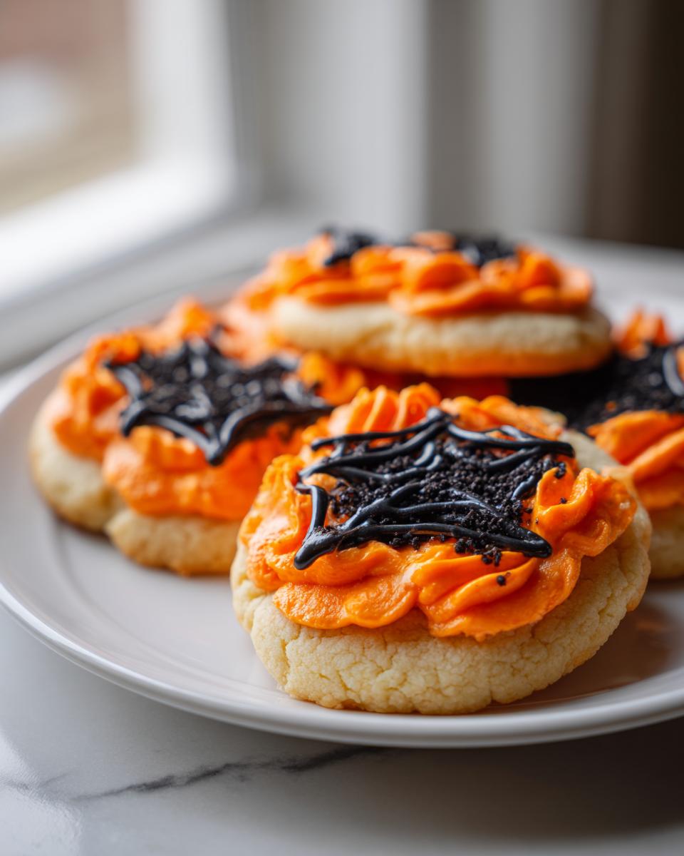 Close-up of easy Halloween desserts: sugar cookies topped with orange frosting and black spiderweb decorations.