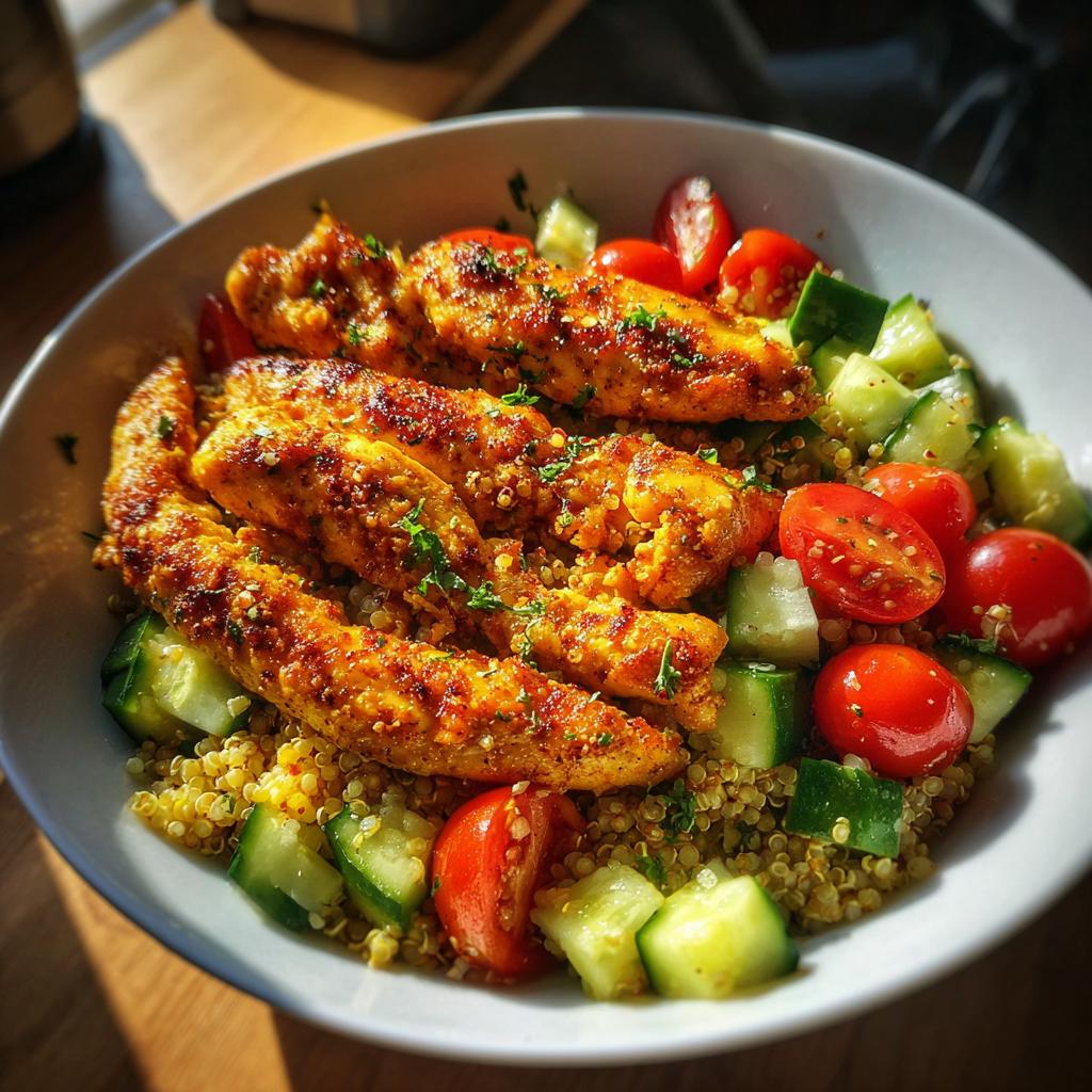A vibrant bowl featuring seasoned chicken strips atop quinoa, with fresh cucumber and cherry tomatoes, perfect for easy healthy dinner recipes.