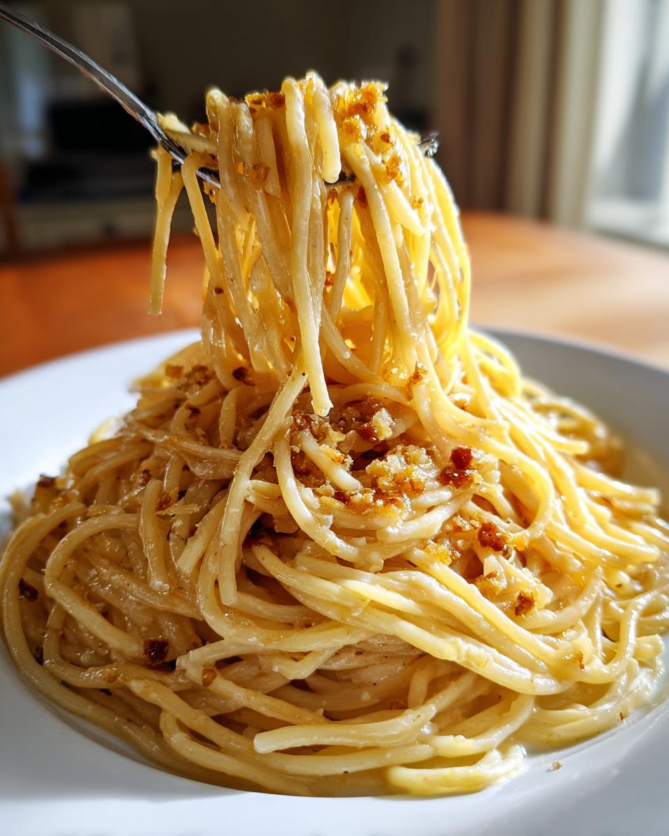A fork lifting a swirl of spaghetti topped with garlic breadcrumbs, showcasing one of the easy pasta recipes.