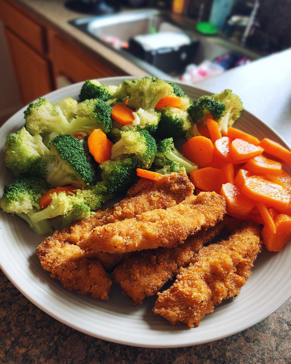A plate of crispy chicken tenders served with steamed broccoli and sliced carrots, perfect for easy weeknight dinners.