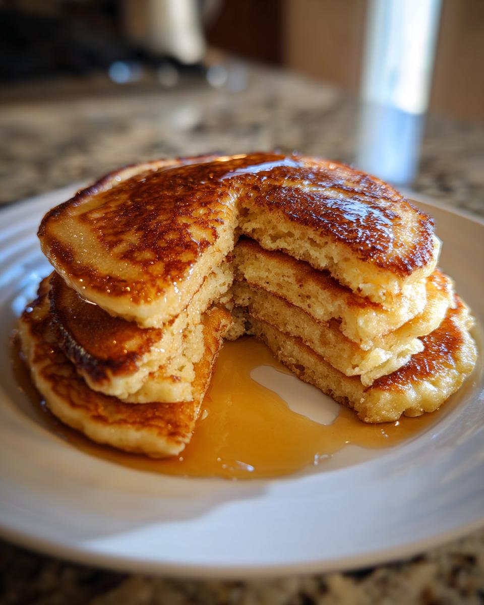 A stack of fluffy pancakes, with a slice cut out, drizzled with golden syrup.