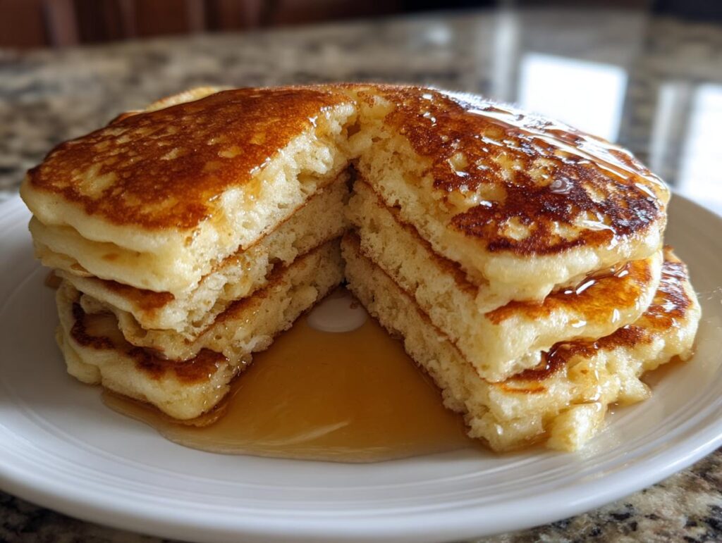 A stack of fluffy pancakes drizzled with golden syrup, cut in half to show the layers.