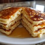 A stack of fluffy pancakes drizzled with golden syrup, cut in half to show the layers.