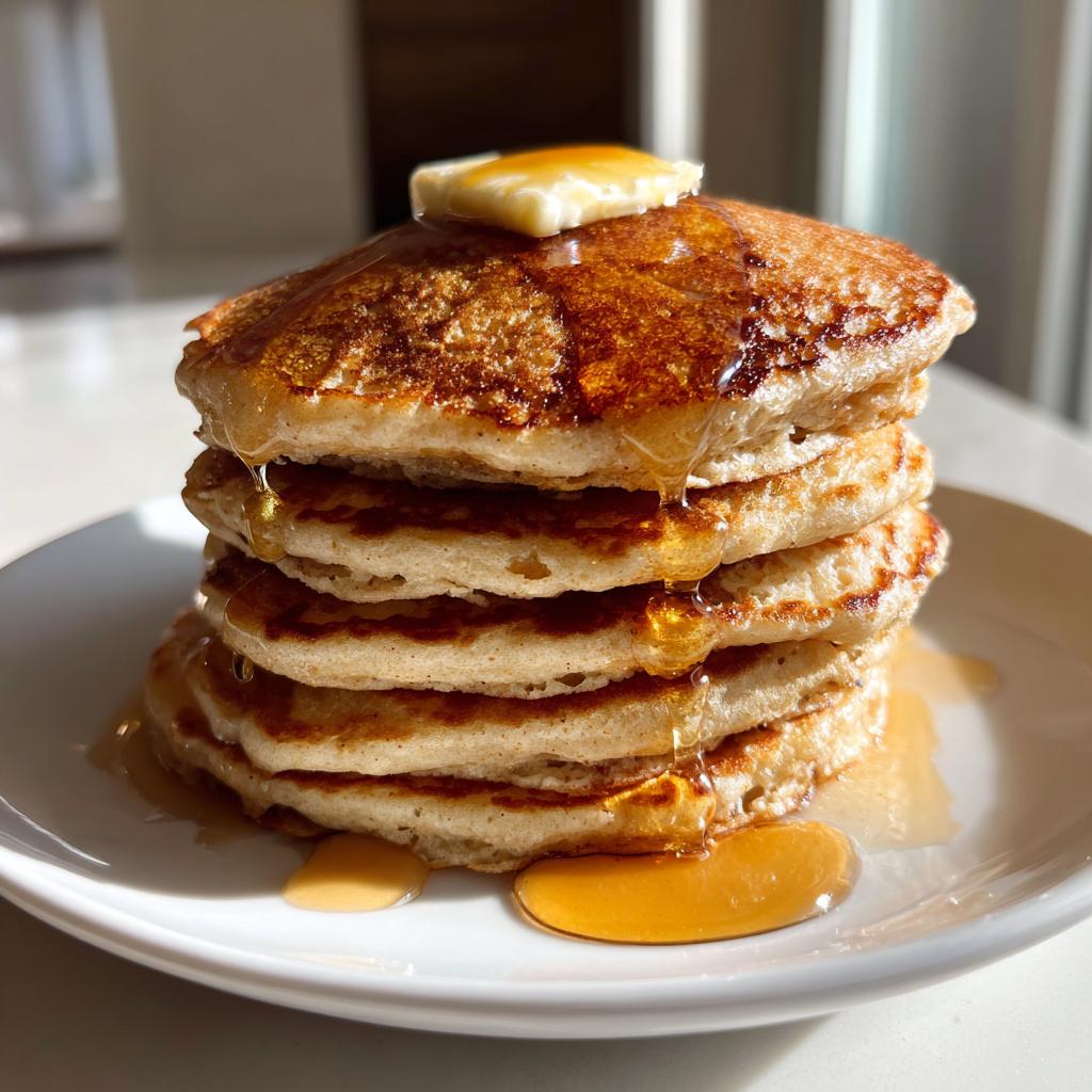 A tall stack of fluffy pancakes recipes, topped with a pat of butter and drizzled with golden syrup.