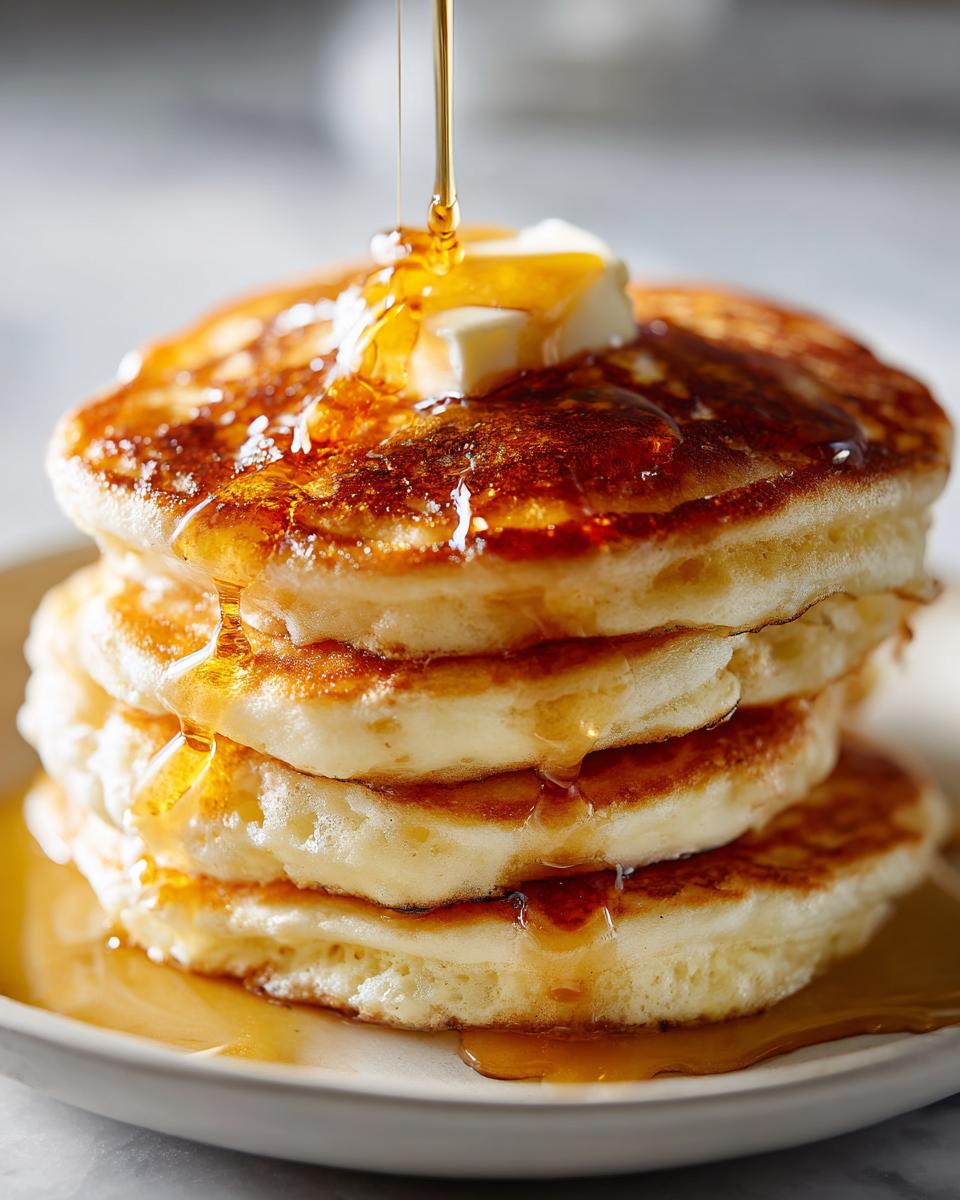 Stack of fluffy pancakes with butter and syrup being poured on top. A delicious pancakes recipe.