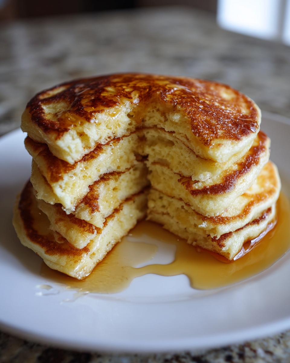 A tall stack of fluffy pancakes recipes, cut in half to reveal the airy interior, drizzled with golden syrup.