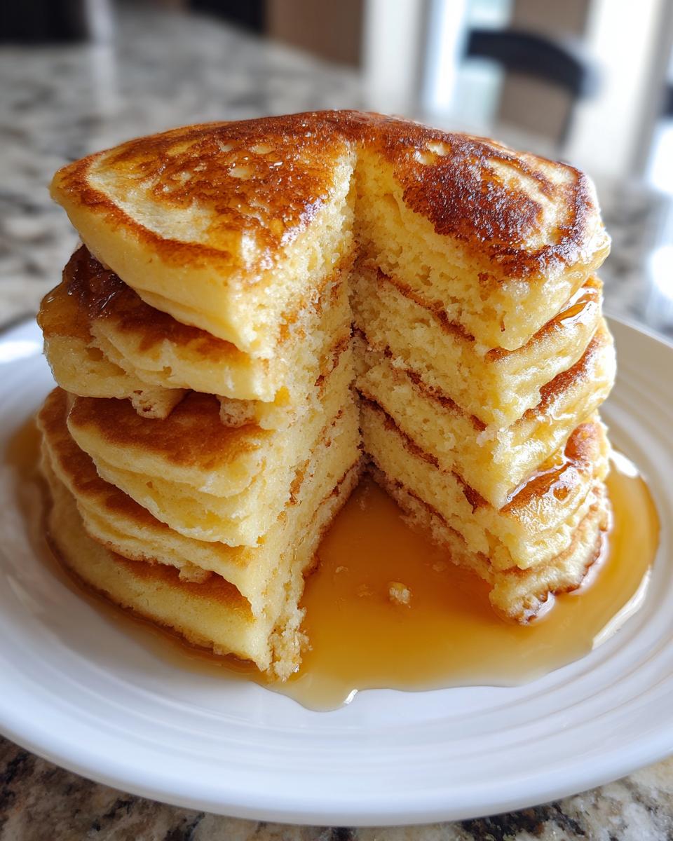 A tall stack of fluffy pancakes recipes drizzled with golden syrup on a white plate.