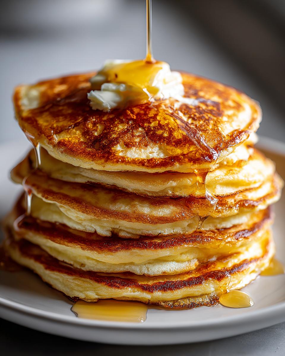 A stack of fluffy pancakes with butter and syrup being poured on top, showcasing delicious pancakes recipes.