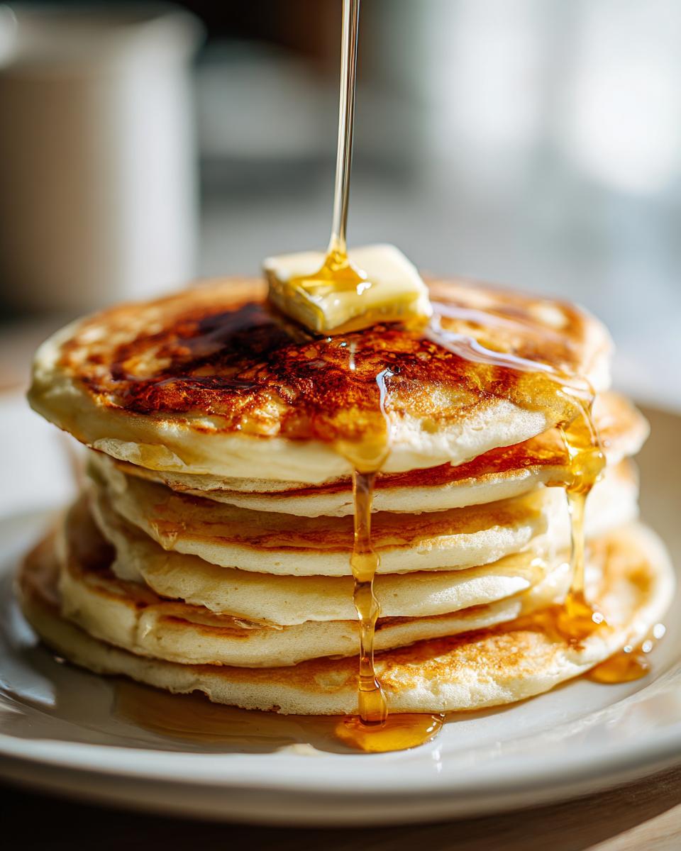 A stack of fluffy pancakes recipes being drizzled with golden syrup and topped with a pat of butter.