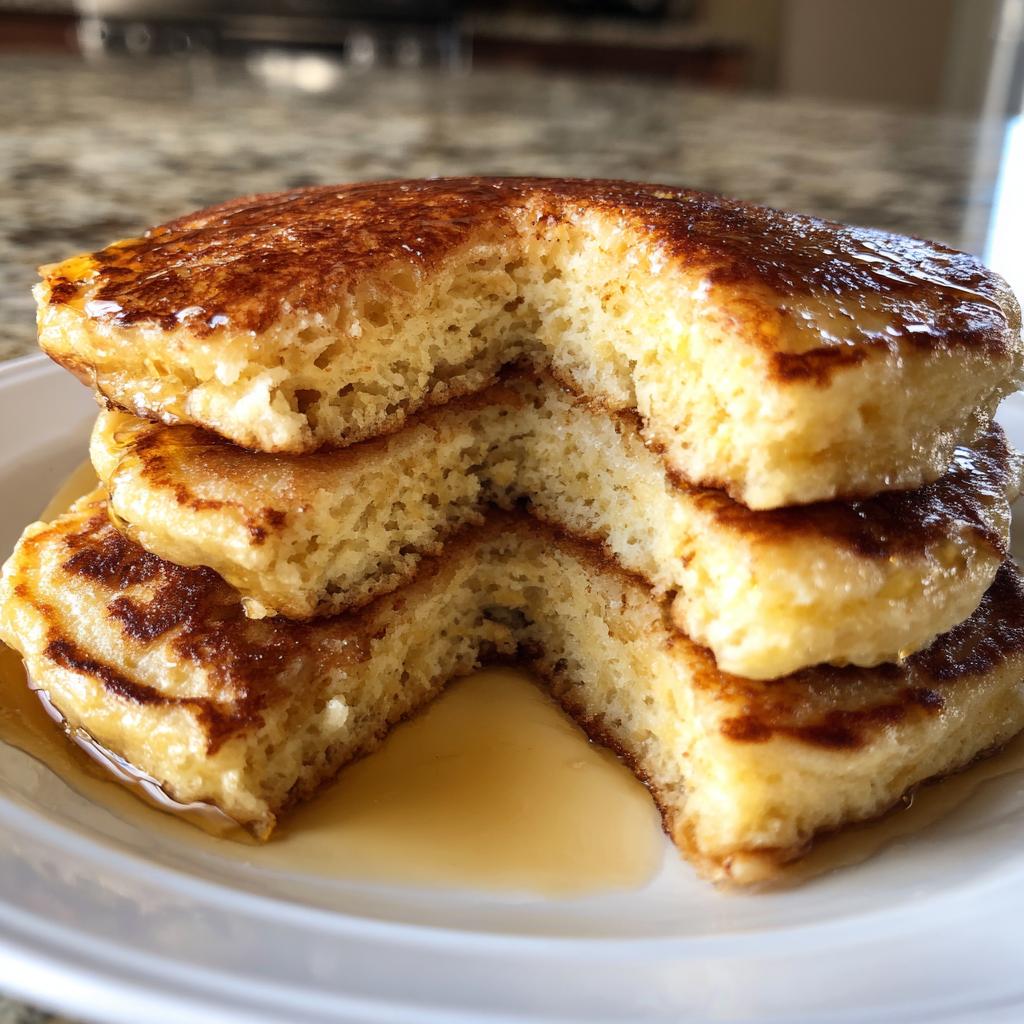 A stack of fluffy pancakes recipes, drizzled with golden syrup, with a bite taken out.