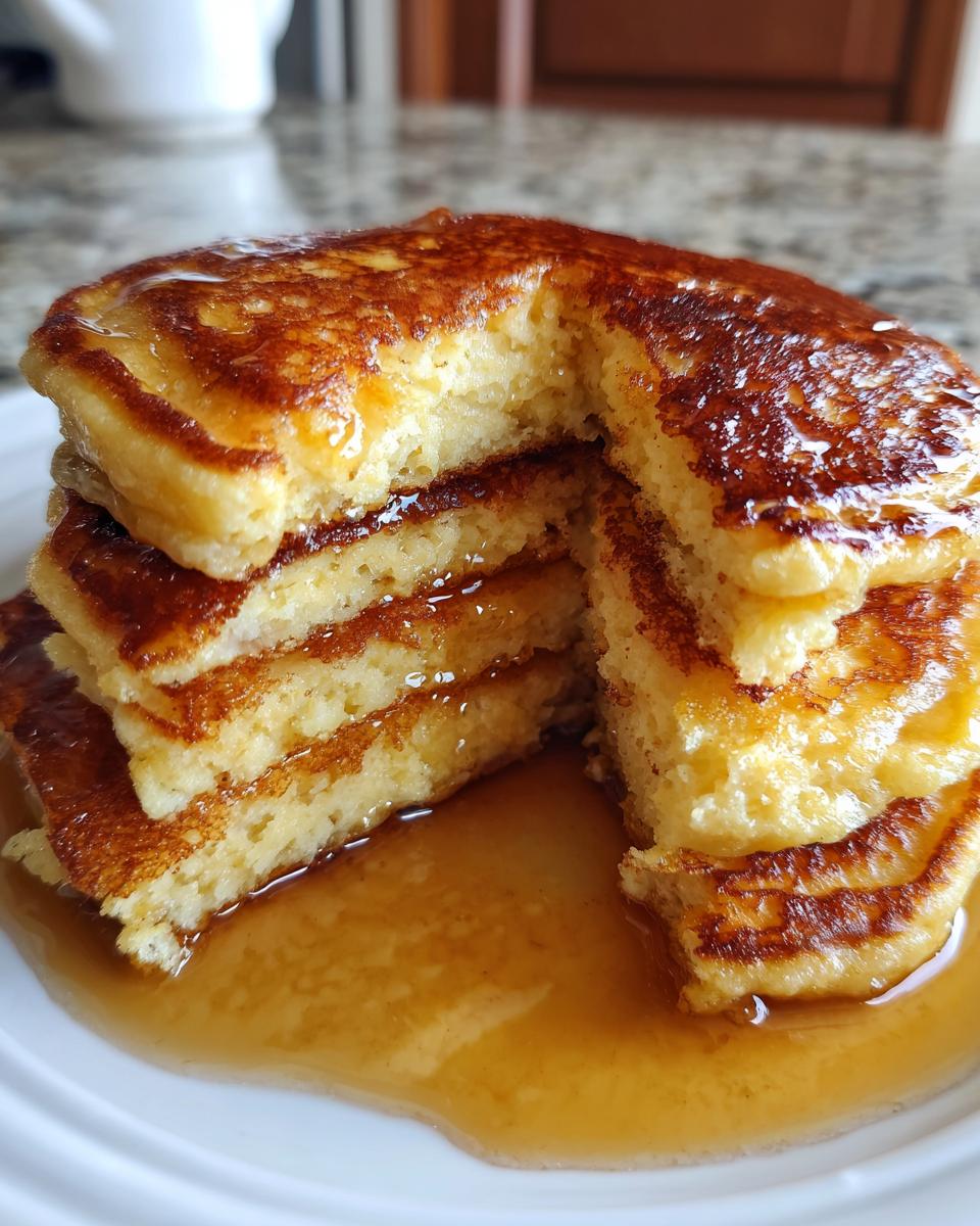A stack of fluffy pancakes recipes drizzled with golden syrup on a white plate.