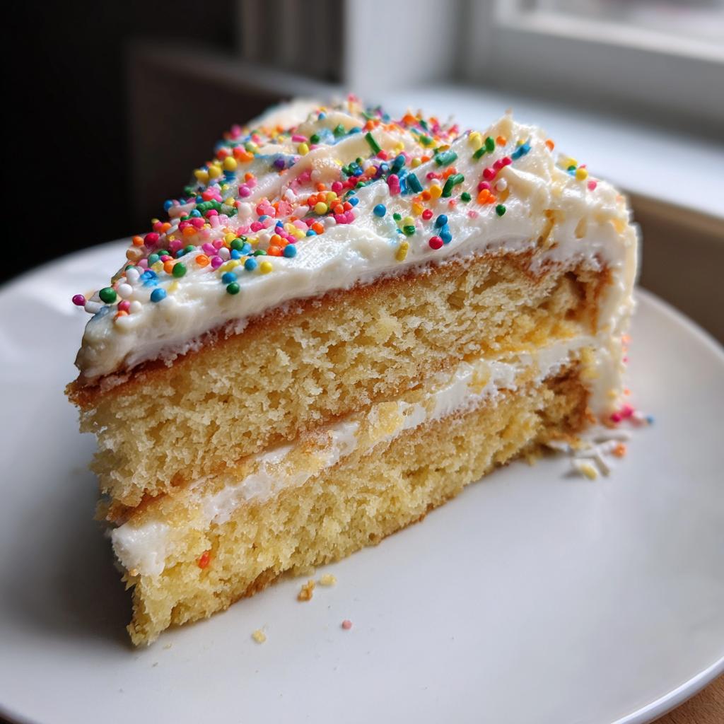 A slice of funfetti cake with white frosting and colorful sprinkles, perfect for new years desserts.
