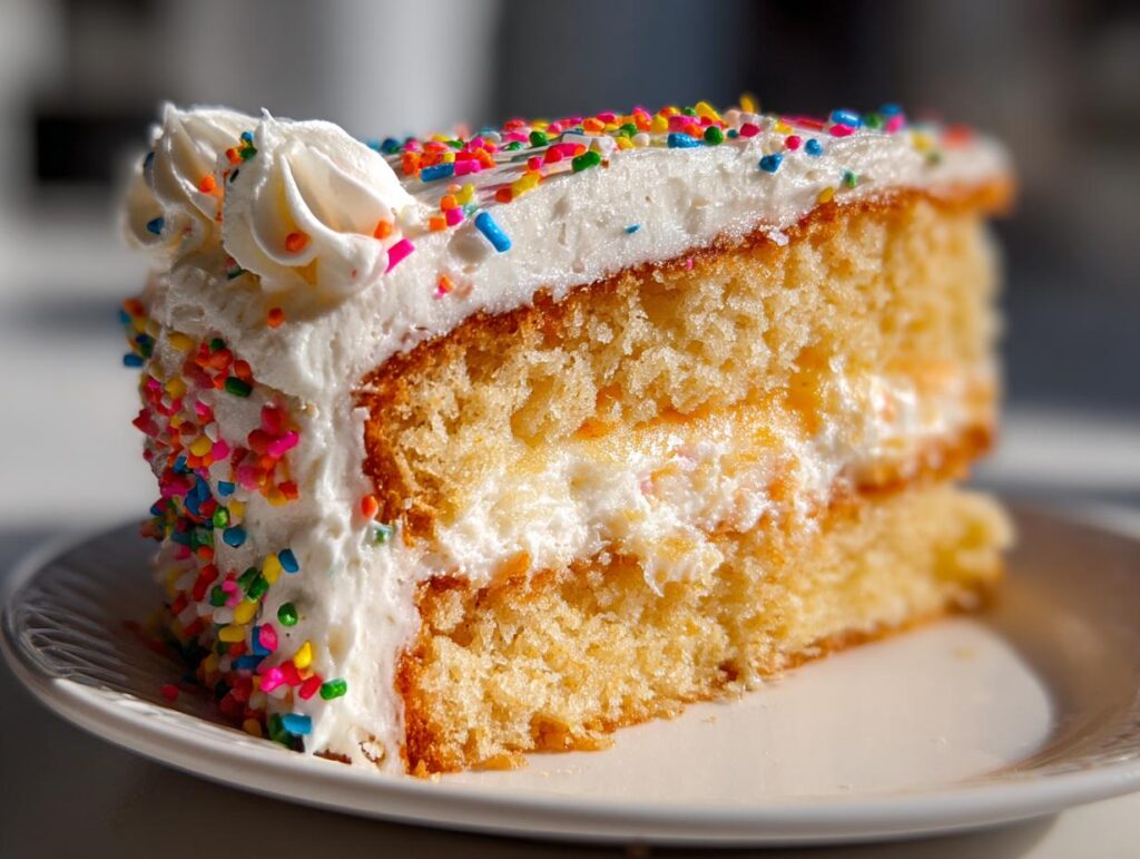 A slice of funfetti cake with white frosting and colorful sprinkles, perfect for New Years desserts.