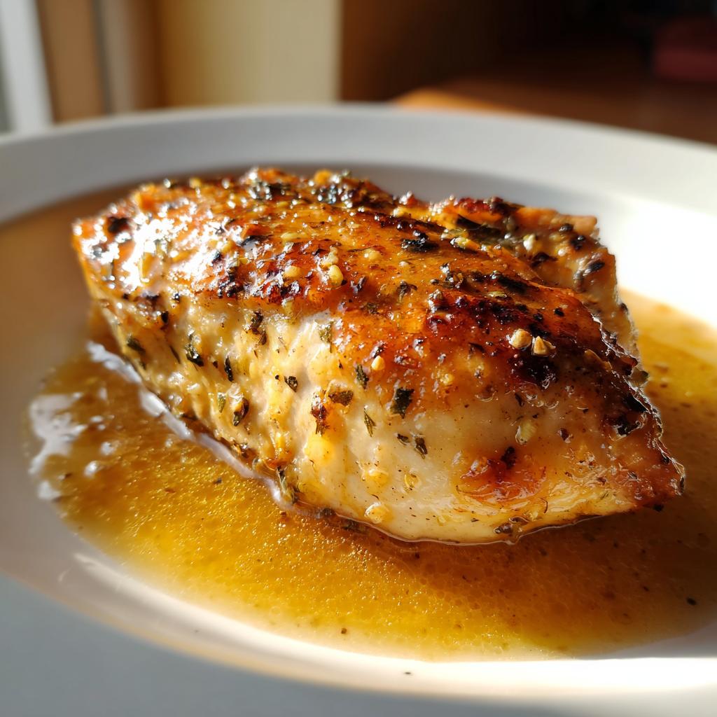 A close-up of a juicy garlic butter chicken breast, a perfect chicken breast dinner idea.