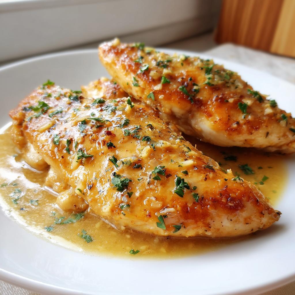 Two golden-brown chicken breasts coated in a glossy garlic butter sauce, garnished with fresh parsley. A perfect addition to chicken recipes for dinner.