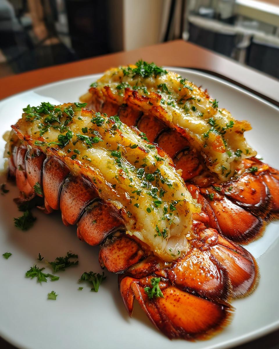 Two perfectly cooked lobster tails, brushed with garlic butter and sprinkled with fresh parsley, ready for a lobster tail recipe.