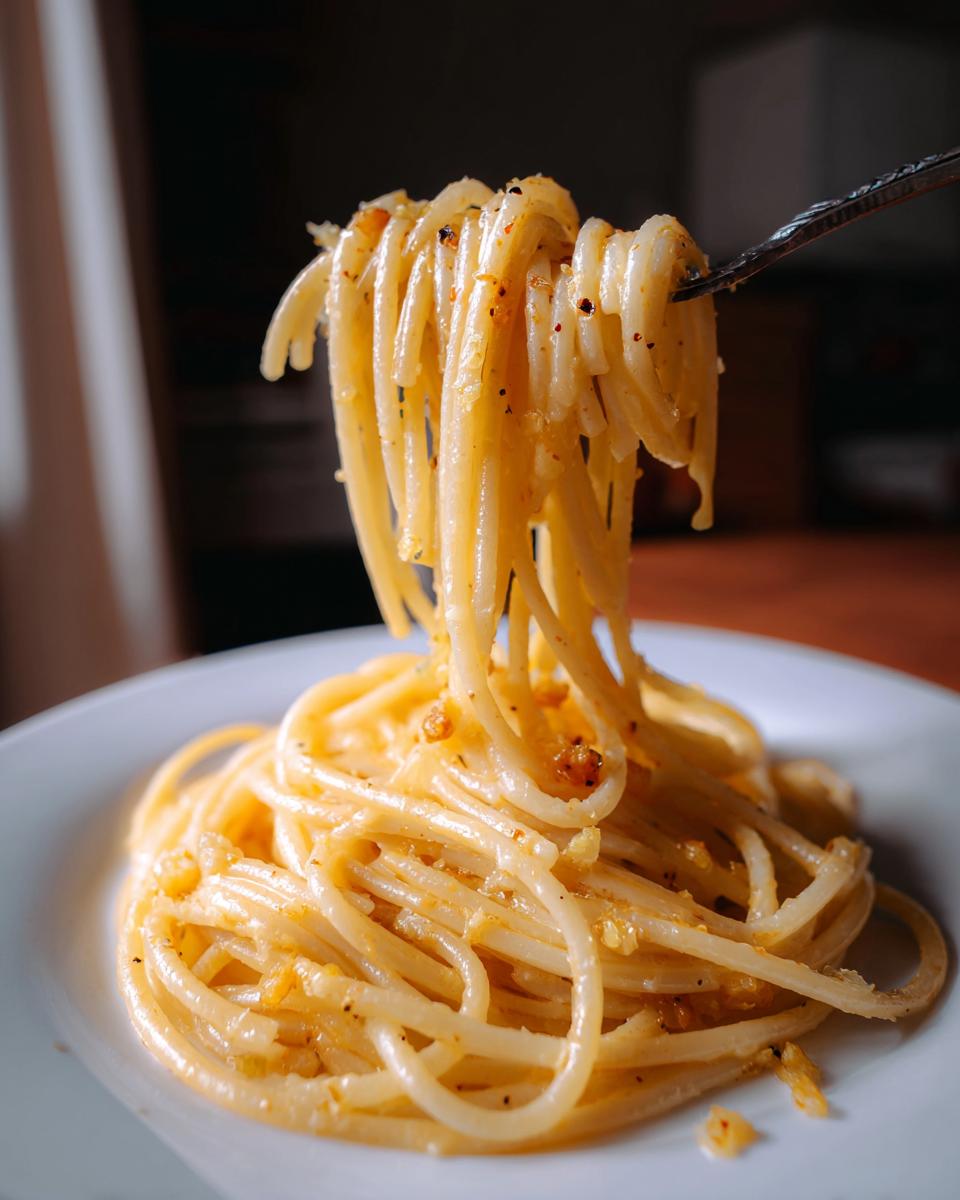 Close-up of spaghetti twirled on a fork, coated in a creamy garlic butter sauce, part of easy pasta recipes.