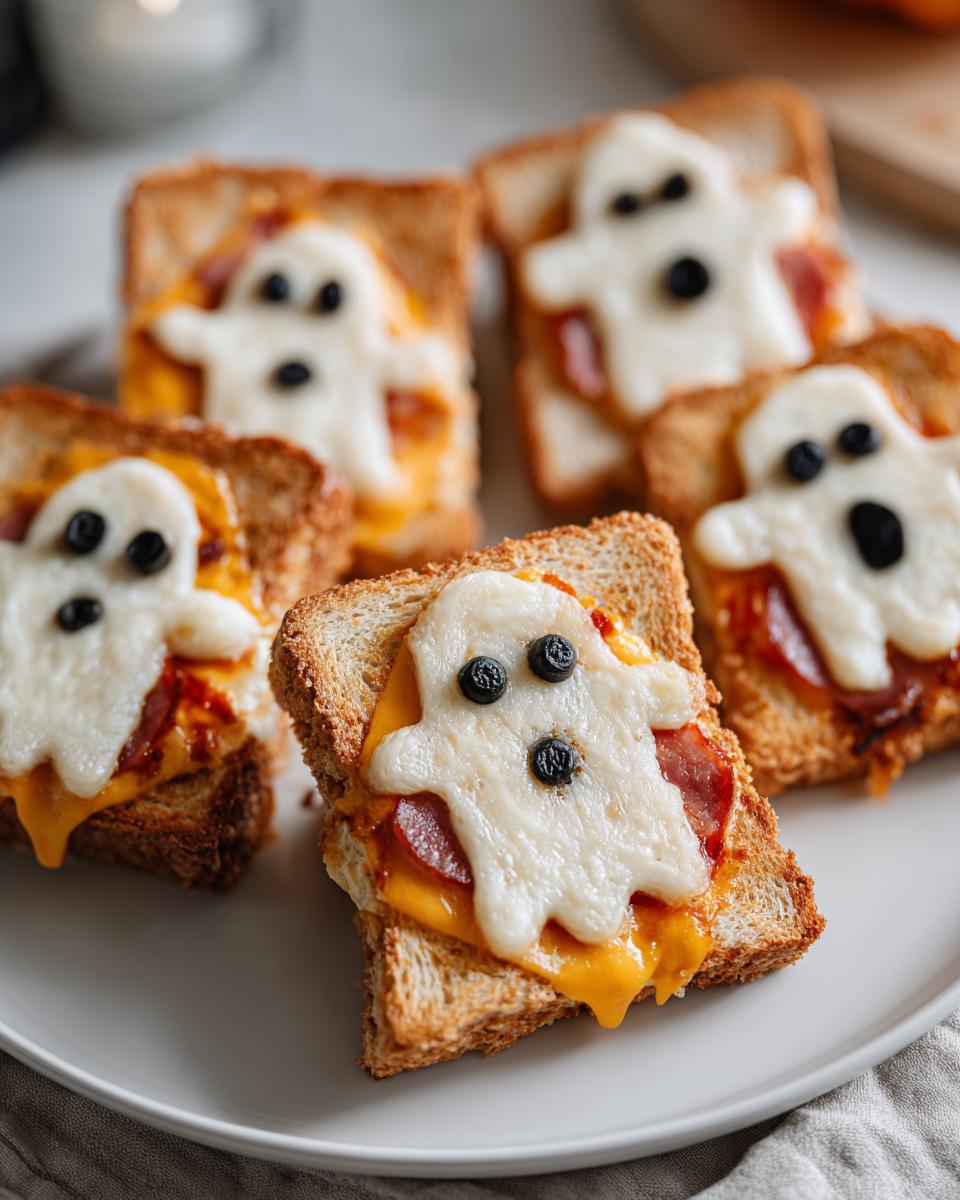 Close-up of a plate with several ghost-shaped toasts, a fun and easy halloween lunch idea for kids.