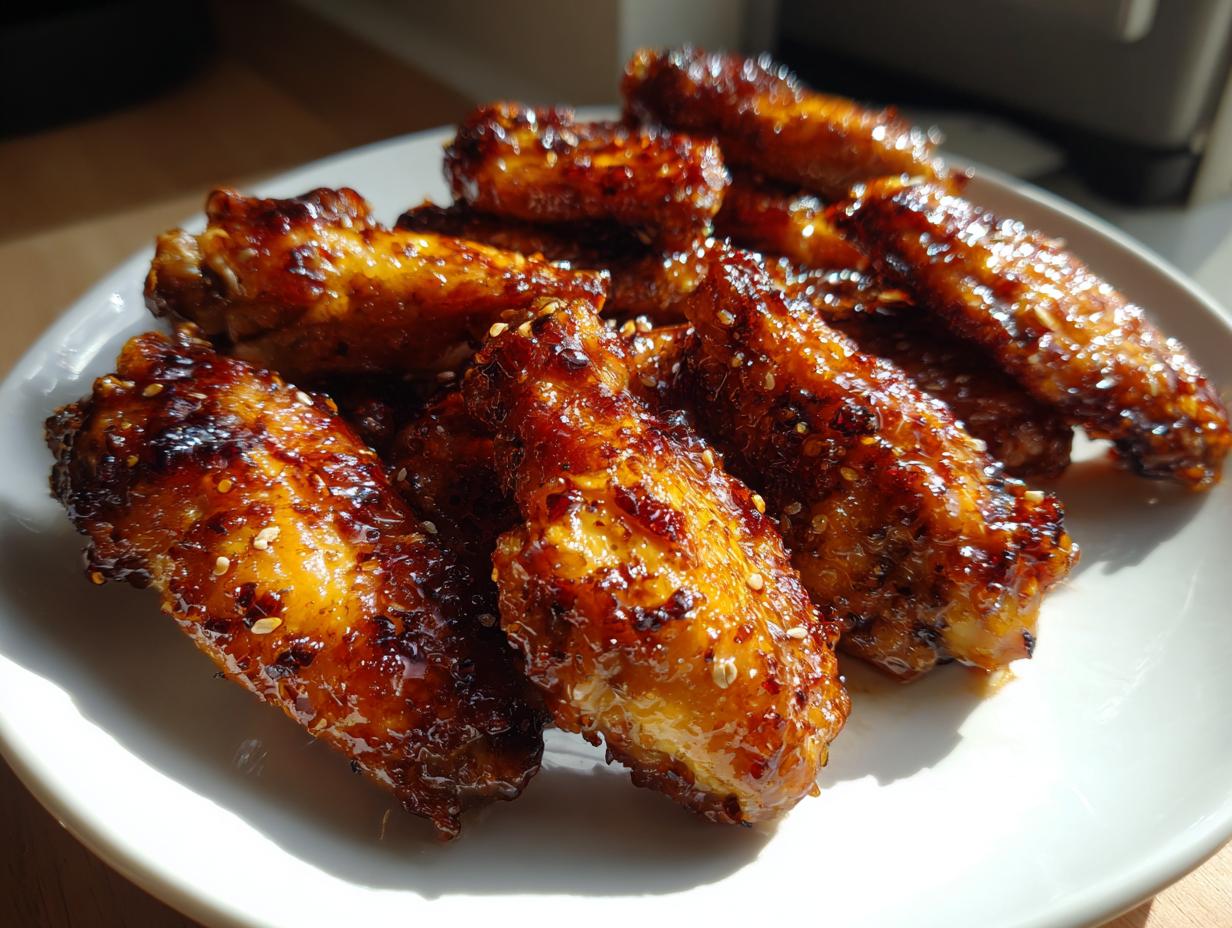 Close-up of glossy, glazed chicken wings, sprinkled with sesame seeds, perfect for New Years food ideas.
