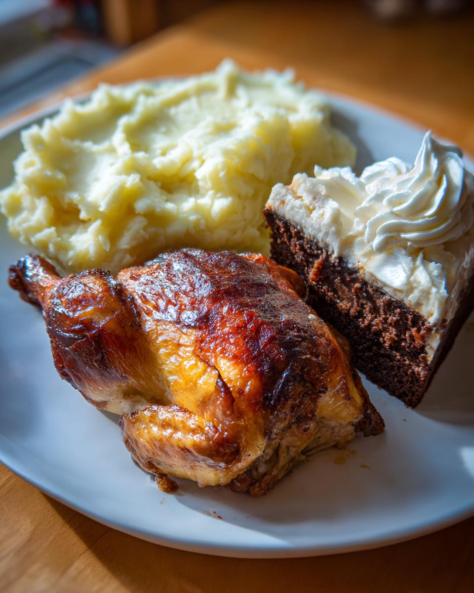 A plate with a golden roasted chicken, mashed potatoes, and a slice of chocolate cake with whipped cream, perfect for a new years dinner.