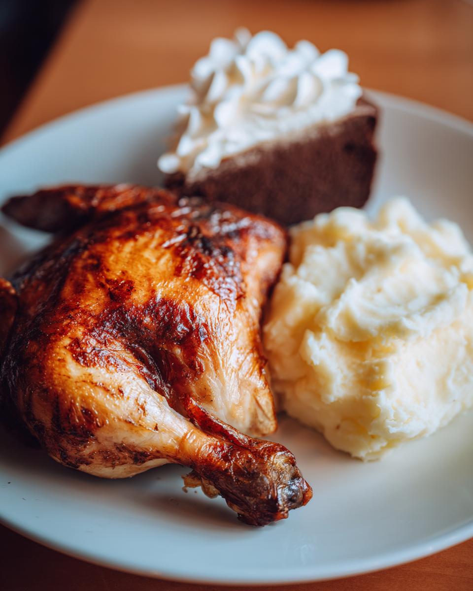A delicious plate with golden roasted chicken, mashed potatoes, and a slice of chocolate cake with whipped cream for a new years dinner.