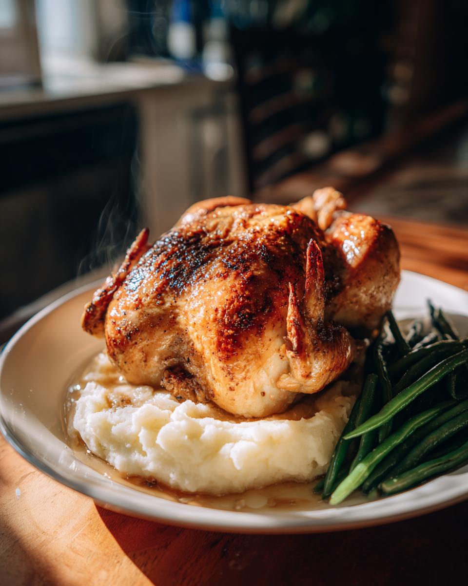A whole golden roast chicken served over mashed potatoes with green beans, perfect for a New Years Eve dinner.