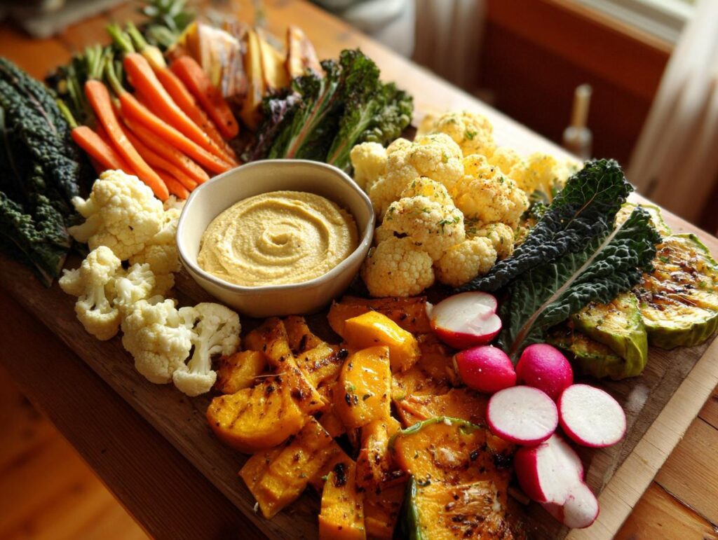 A vibrant and gorgeous fall vegetable platter featuring roasted squash, carrots, cauliflower, kale, radishes, and zucchini with a bowl of hummus.