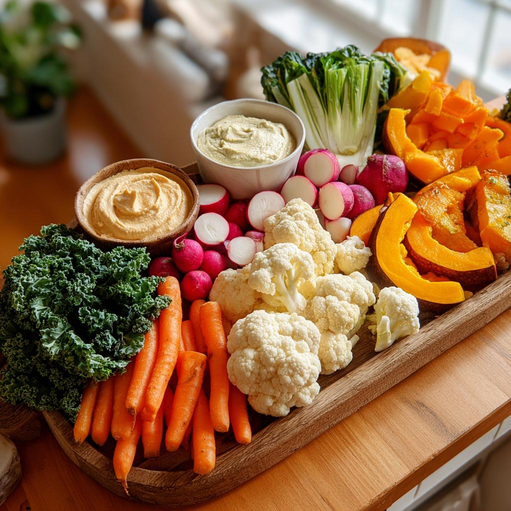 A gorgeous fall vegetable platter featuring roasted pumpkin, cauliflower, carrots, radishes, kale, and hummus.