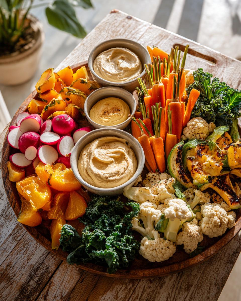 A gorgeous fall vegetable platter featuring roasted butternut squash, radishes, carrots, cauliflower, kale, and bell peppers with three bowls of hummus.