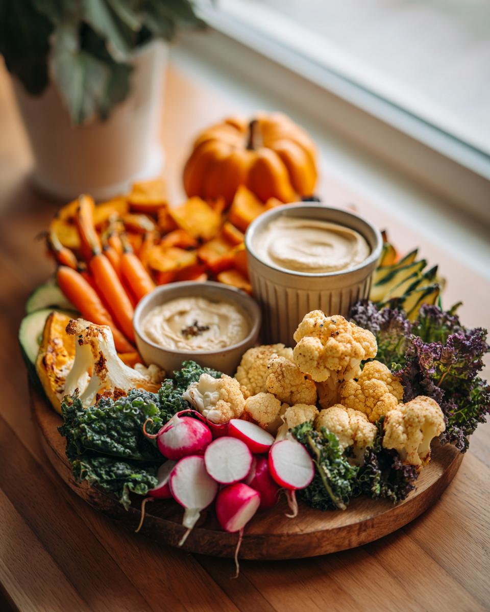 A gorgeous fall vegetable platter featuring roasted carrots, squash, cauliflower, radishes, kale, and zucchini with two bowls of hummus.
