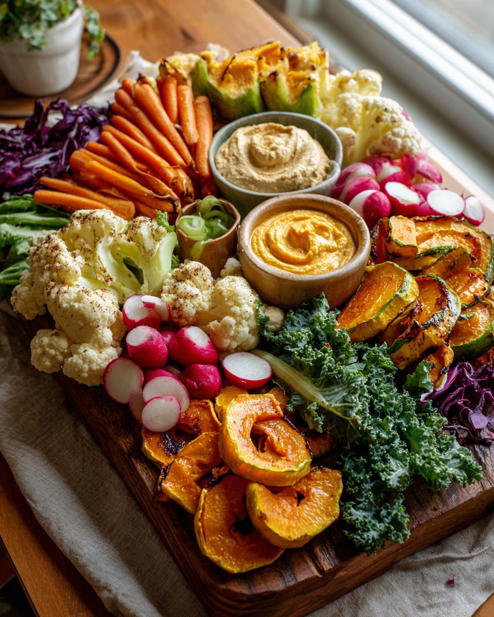 A gorgeous fall vegetable platter featuring roasted squash, carrots, cauliflower, radishes, and red cabbage with two dips.