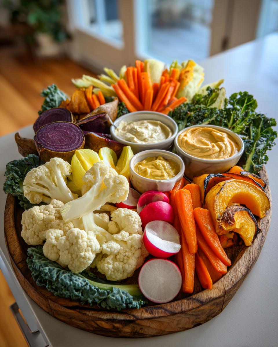 A gorgeous fall vegetable platter featuring roasted squash, carrots, cauliflower, radishes, beets, and kale with three dips.