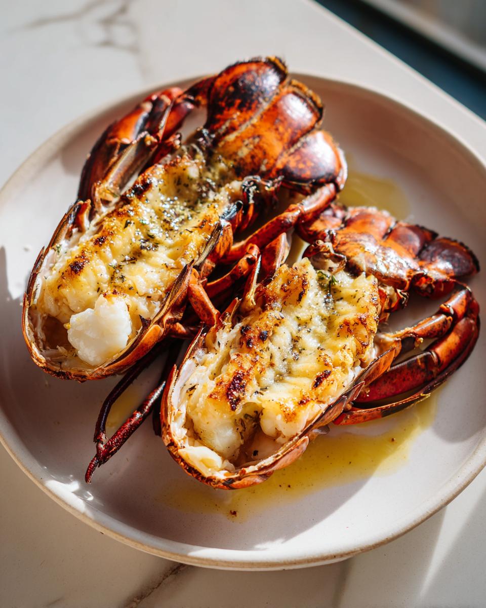 Two perfectly grilled lobster tails, glistening with melted butter and sprinkled with herbs, served on a plate.