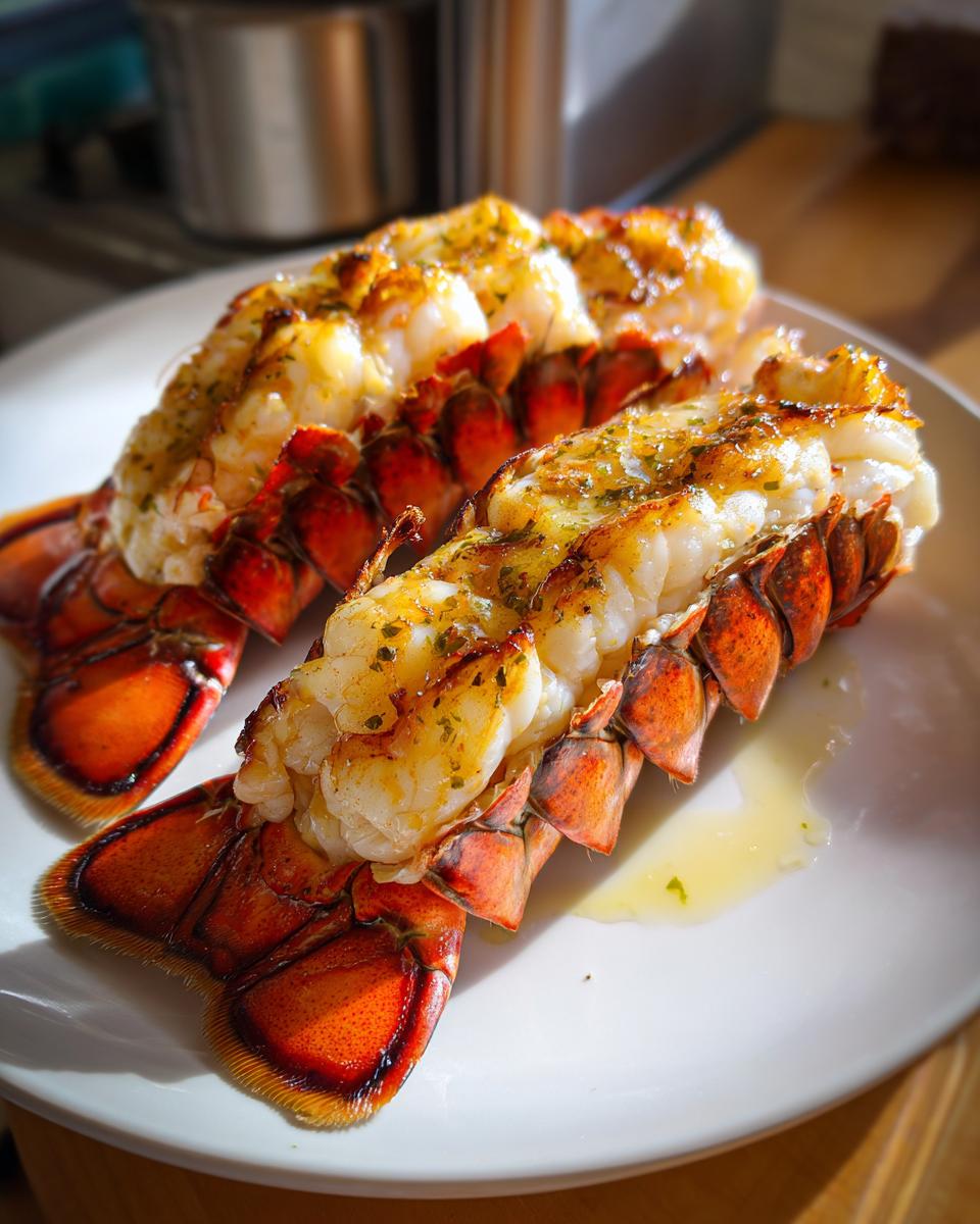 Close-up of two perfectly grilled lobster tails, glistening with butter and herbs on a white plate.